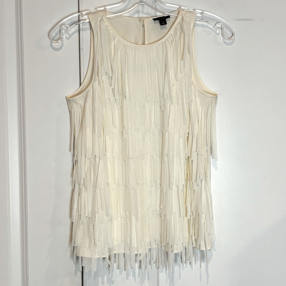 Ann Taylor Ivory Fringe Front Sleeveless Top Tank 0